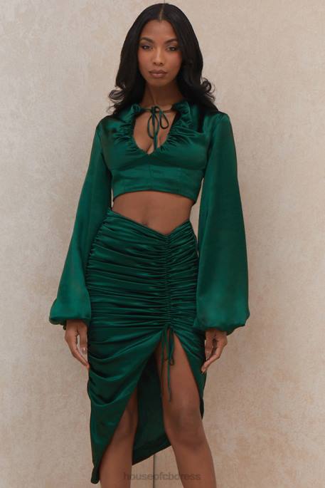 House of CB Petronella Emerald Green Satin Gathered Skirt Clothing 4H6N983