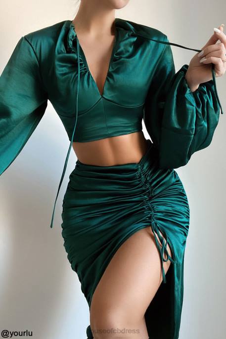 House of CB Petronella Emerald Green Satin Gathered Skirt Clothing 4H6N983