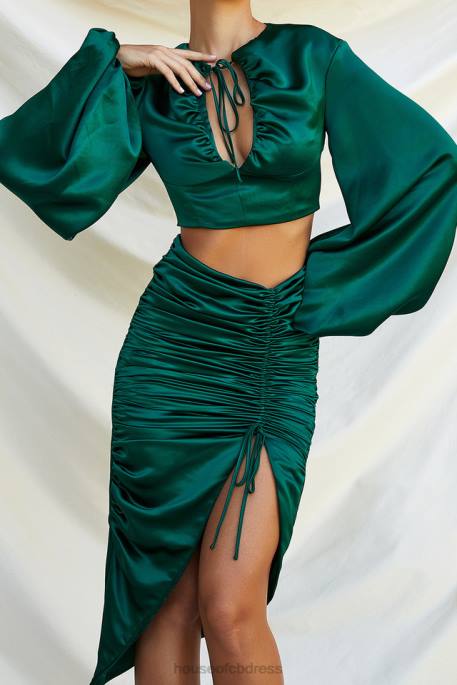 House of CB Petronella Emerald Green Satin Gathered Skirt Clothing 4H6N983