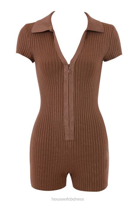 House of CB Lina Chocolate Ribbed Bandage Playsuit Clothing 4H6N965