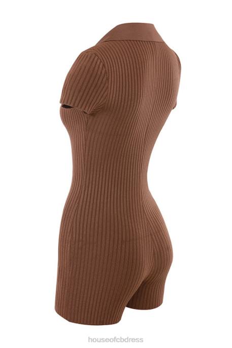 House of CB Lina Chocolate Ribbed Bandage Playsuit Clothing 4H6N965