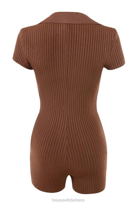 House of CB Lina Chocolate Ribbed Bandage Playsuit Clothing 4H6N965