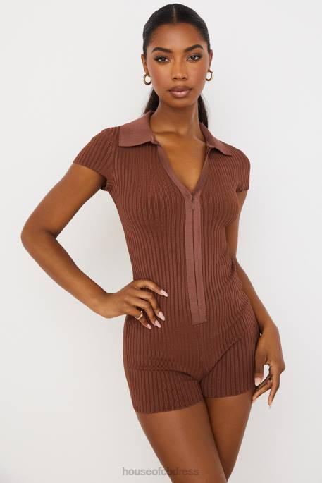 House of CB Lina Chocolate Ribbed Bandage Playsuit Clothing 4H6N965