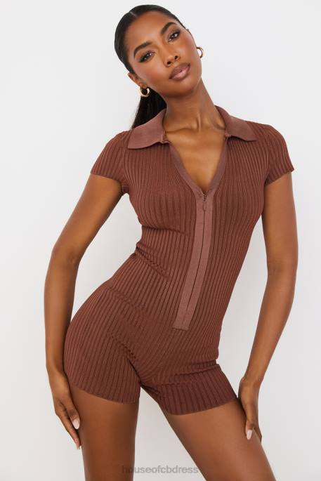 House of CB Lina Chocolate Ribbed Bandage Playsuit Clothing 4H6N965