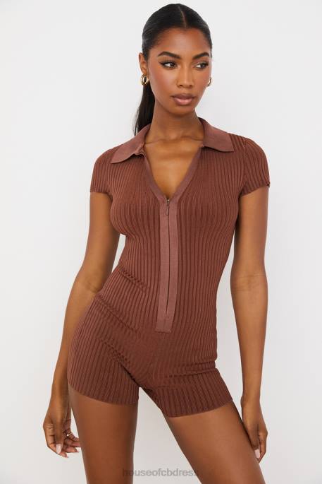 House of CB Lina Chocolate Ribbed Bandage Playsuit Clothing 4H6N965