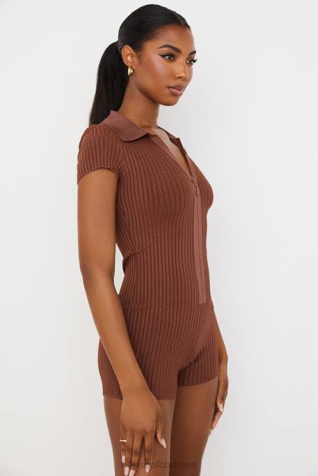 House of CB Lina Chocolate Ribbed Bandage Playsuit Clothing 4H6N965