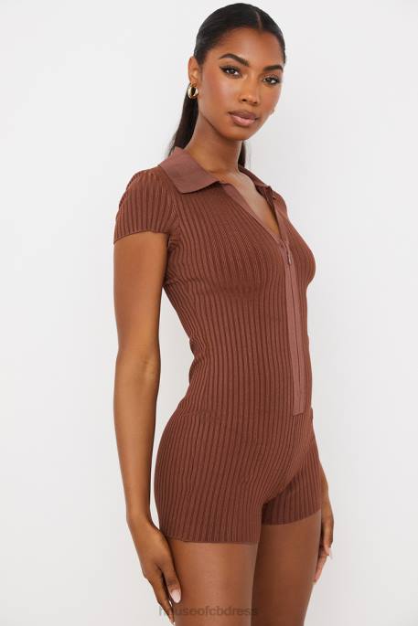 House of CB Lina Chocolate Ribbed Bandage Playsuit Clothing 4H6N965