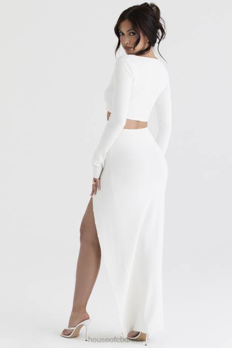 House of CB Gioia Ivory Ribbed Knit Button Front Maxi Skirt Clothing 4H6N912