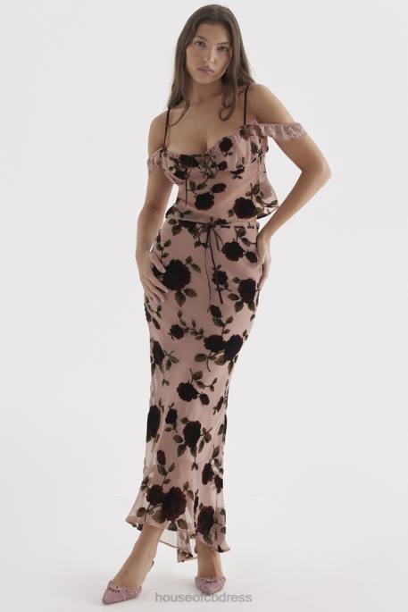 House of CB Imaan Dusty Pink Devore Maxi Skirt Clothing 4H6N871