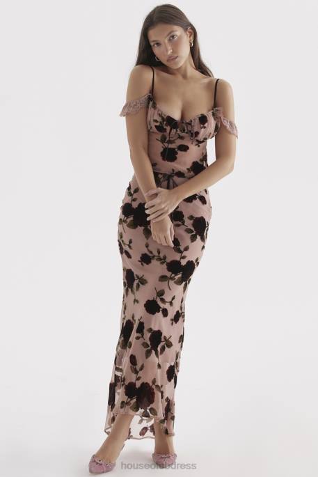 House of CB Imaan Dusty Pink Devore Maxi Skirt Clothing 4H6N871