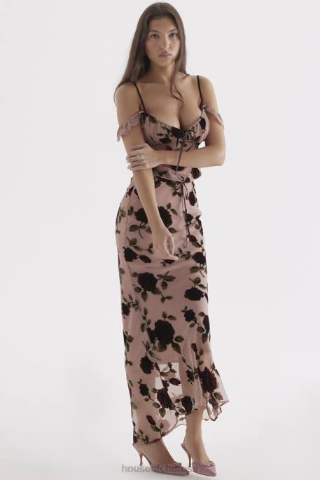 House of CB Imaan Dusty Pink Devore Maxi Skirt Clothing 4H6N871