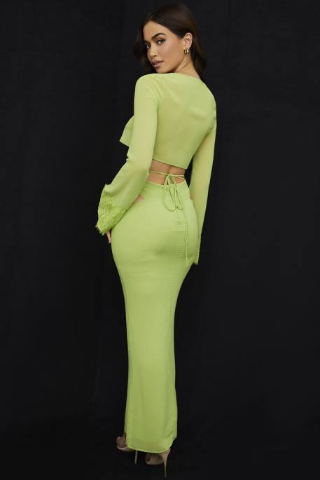 House of CB Madeline Lime Green Georgette Maxi Skirt Clothing 4H6N955