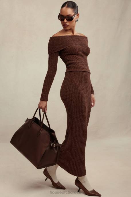 House of CB Sloane Chocolate Soft Cotton Boucle Maxi Skirt Clothing 4H6N829