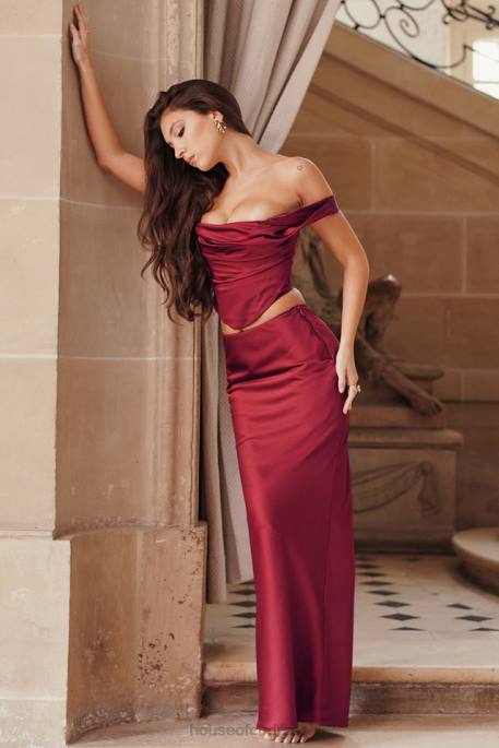 House of CB Sydel Ruby Satin Bias Cut Maxi Skirt Clothing 4H6N832
