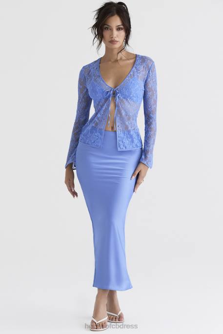 House of CB Clara Blue Satin Bias Cut Midi Skirt Clothing 4H6N902