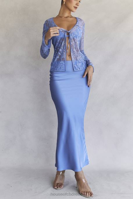 House of CB Clara Blue Satin Bias Cut Midi Skirt Clothing 4H6N902