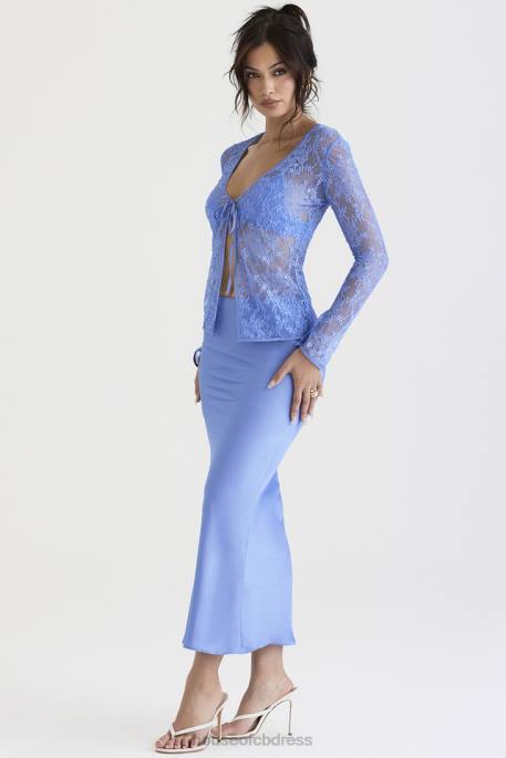 House of CB Clara Blue Satin Bias Cut Midi Skirt Clothing 4H6N902