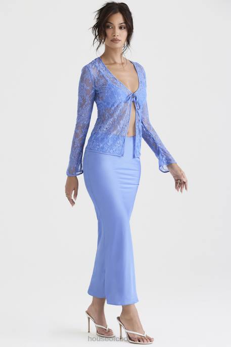 House of CB Clara Blue Satin Bias Cut Midi Skirt Clothing 4H6N902