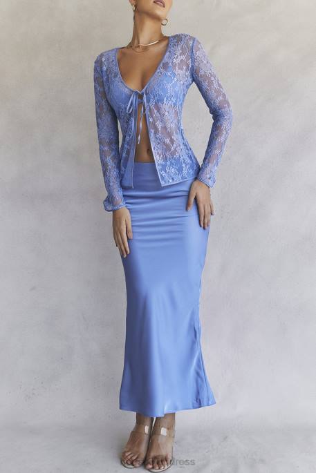 House of CB Clara Blue Satin Bias Cut Midi Skirt Clothing 4H6N902