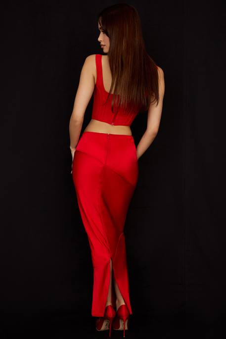 House of CB Colette Scarlet Satin Low Waist Midi Skirt Clothing 4H6N943