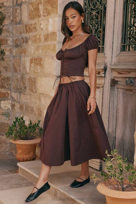 House of CB Cora Rich Brown Gathered Midi Skirt Clothing 4H6N843
