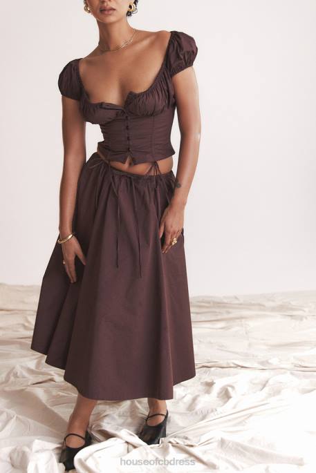 House of CB Cora Rich Brown Gathered Midi Skirt Clothing 4H6N843