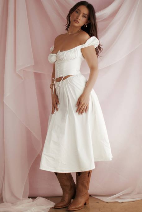 House of CB Cora White Gathered Midi Skirt Clothing 4H6N862