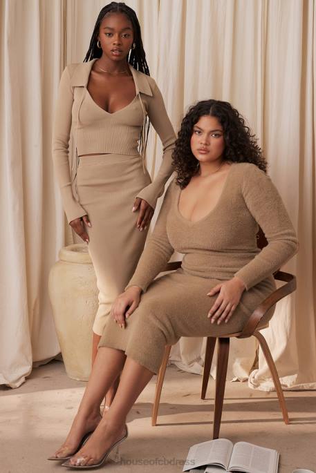 House of CB Heather Camel Knit Midi Skirt Clothing 4H6N884