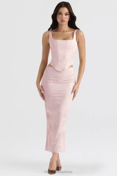 House of CB Luisette Pink Metallic Floral Satin Midi Skirt Clothing 4H6N892