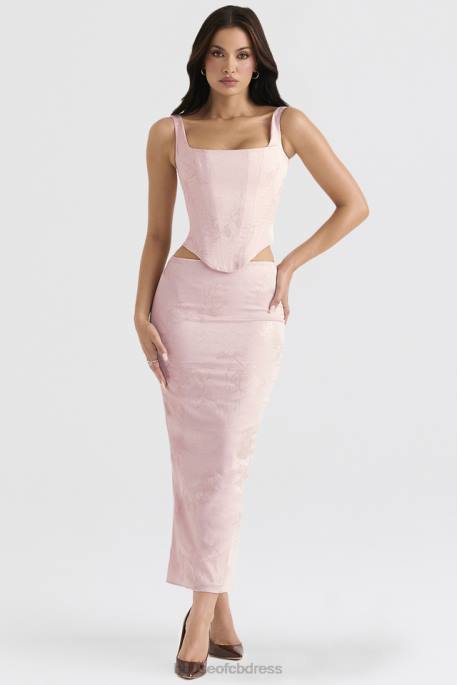 House of CB Luisette Pink Metallic Floral Satin Midi Skirt Clothing 4H6N892
