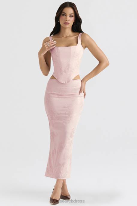 House of CB Luisette Pink Metallic Floral Satin Midi Skirt Clothing 4H6N892