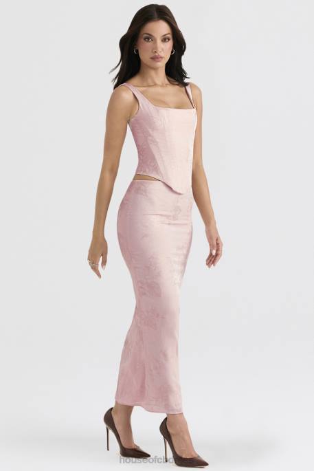 House of CB Luisette Pink Metallic Floral Satin Midi Skirt Clothing 4H6N892