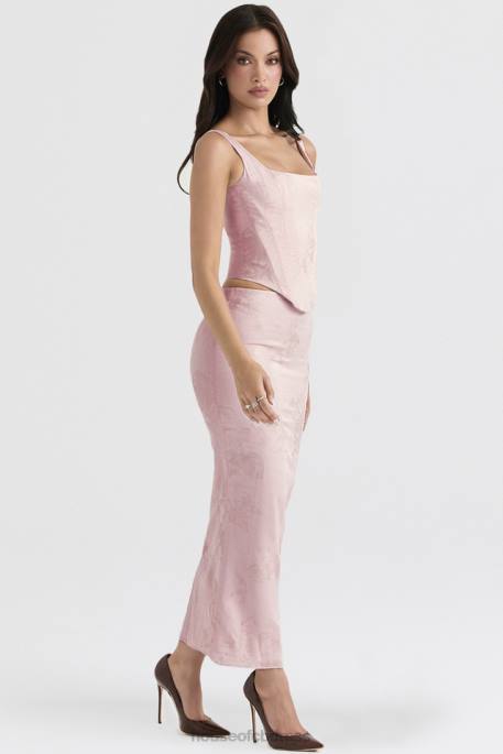 House of CB Luisette Pink Metallic Floral Satin Midi Skirt Clothing 4H6N892