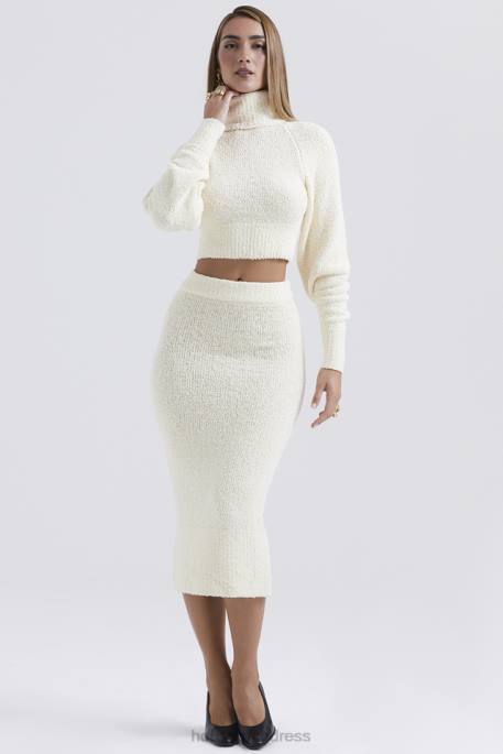 House of CB Mishka Cream Soft Boucle Knit Midi Skirt Clothing 4H6N831