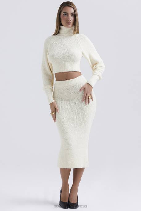 House of CB Mishka Cream Soft Boucle Knit Midi Skirt Clothing 4H6N831