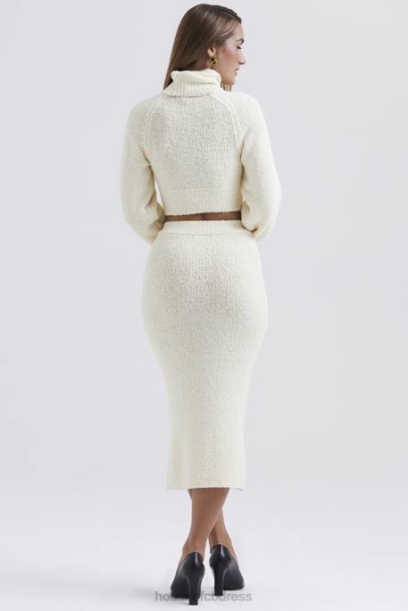 House of CB Mishka Cream Soft Boucle Knit Midi Skirt Clothing 4H6N831