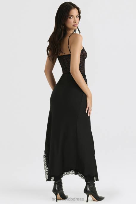 House of CB Ruby Black Satin Lace Trim Midi Skirt Clothing 4H6N899