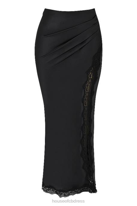 House of CB Ruby Black Satin Lace Trim Midi Skirt Clothing 4H6N899
