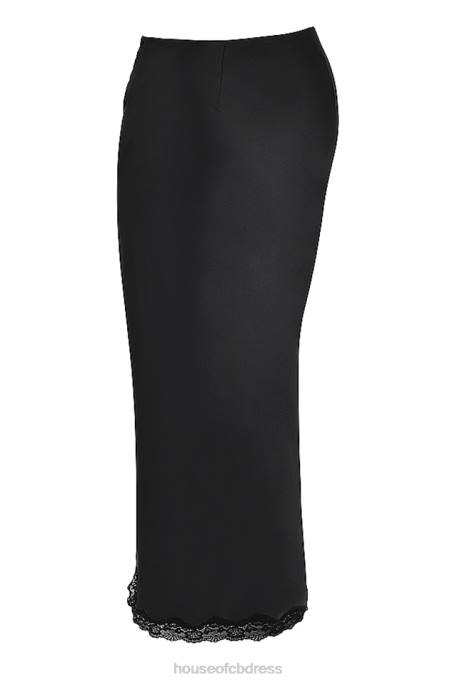 House of CB Ruby Black Satin Lace Trim Midi Skirt Clothing 4H6N899