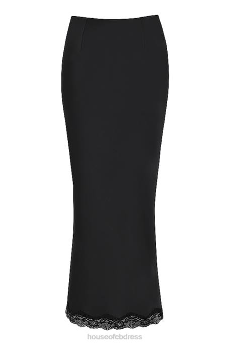 House of CB Ruby Black Satin Lace Trim Midi Skirt Clothing 4H6N899