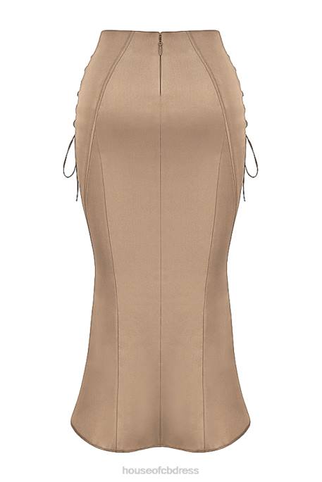 House of CB Sidonie Latte Satin Lace Up Midi Skirt Clothing 4H6N937