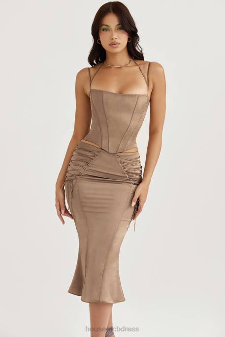 House of CB Sidonie Latte Satin Lace Up Midi Skirt Clothing 4H6N937