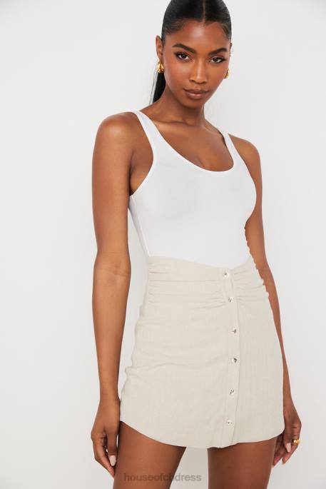 House of CB Tayo Beige Linen Gathered Waist Mini Skirt Clothing 4H6N970