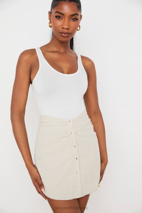 House of CB Tayo Beige Linen Gathered Waist Mini Skirt Clothing 4H6N970