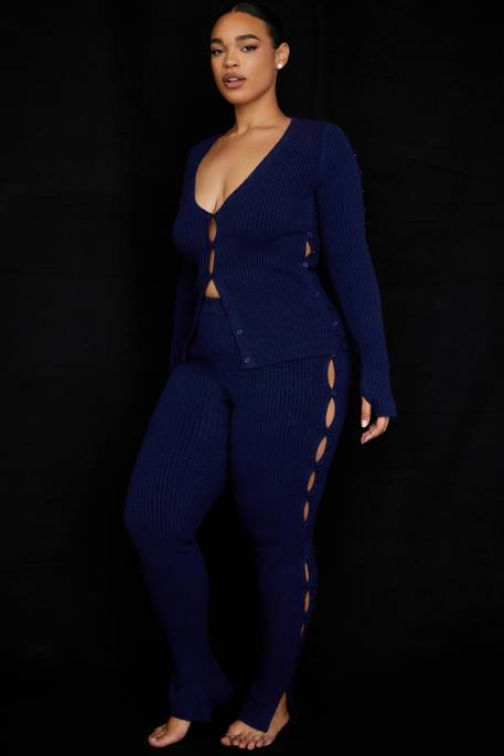 House of CB Belong Navy Ribbed Knit Trousers Clothing 4H6N952