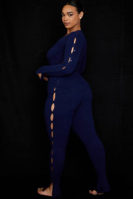 House of CB Belong Navy Ribbed Knit Trousers Clothing 4H6N952