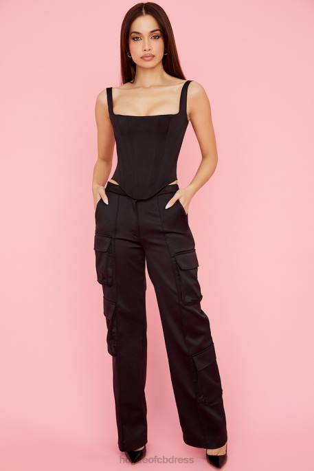 House of CB Daria Black Satin Straight Leg Cargo Trousers Clothing 4H6N942