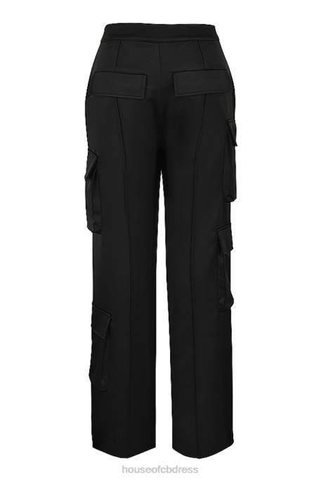 House of CB Daria Black Satin Straight Leg Cargo Trousers Clothing 4H6N942