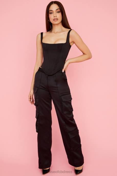 House of CB Daria Black Satin Straight Leg Cargo Trousers Clothing 4H6N942