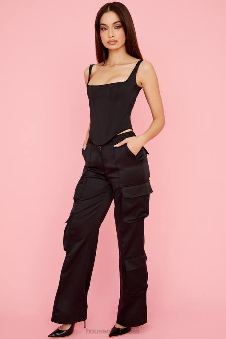 House of CB Daria Black Satin Straight Leg Cargo Trousers Clothing 4H6N942